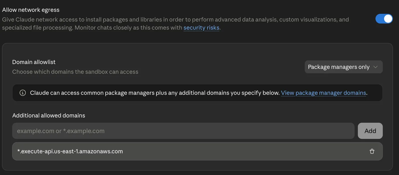 Claude Capabilities settings showing Allow network egress enabled and execute-api domain in the allowlist