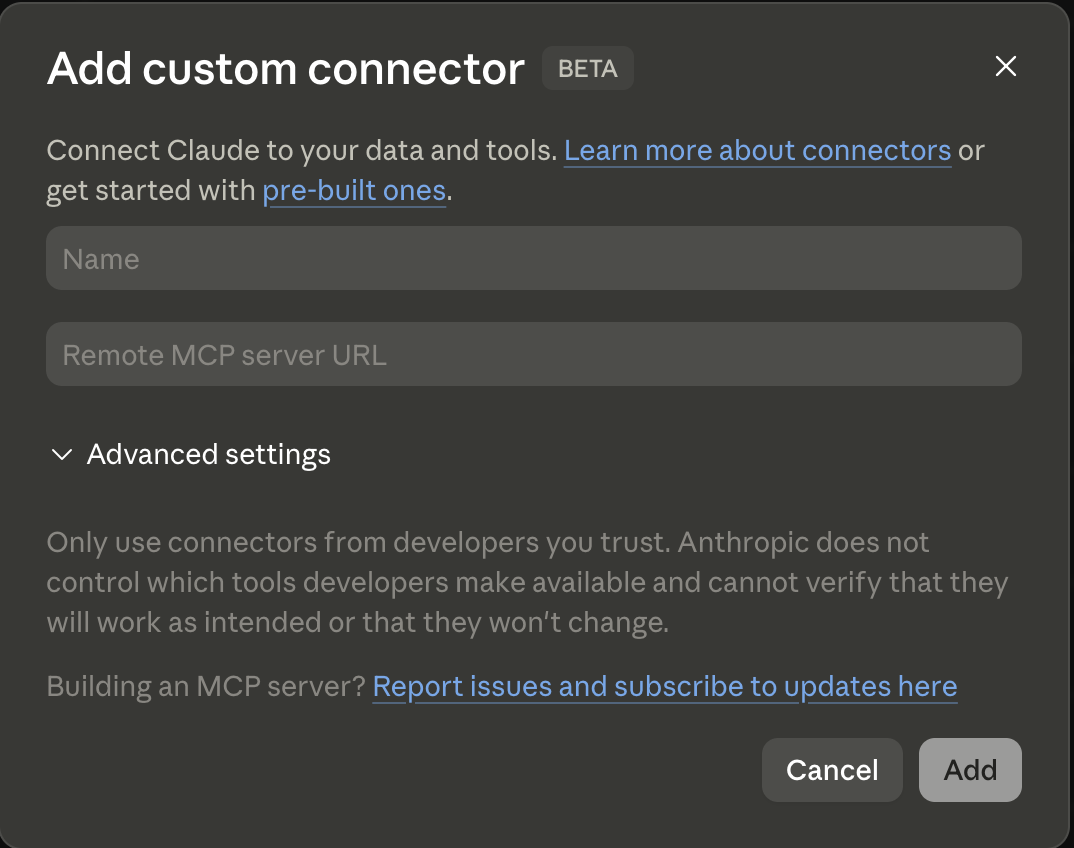 Claude Add custom connector dialog with Name and Remote MCP server URL fields