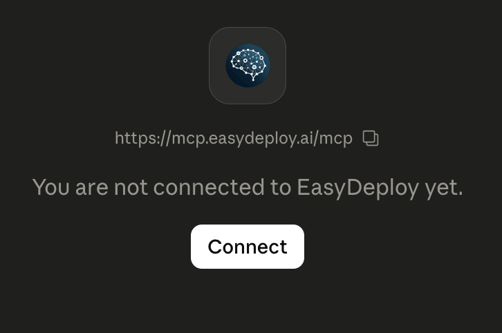 EasyDeploy connector in Claude showing MCP URL and Connect button before sign-in
