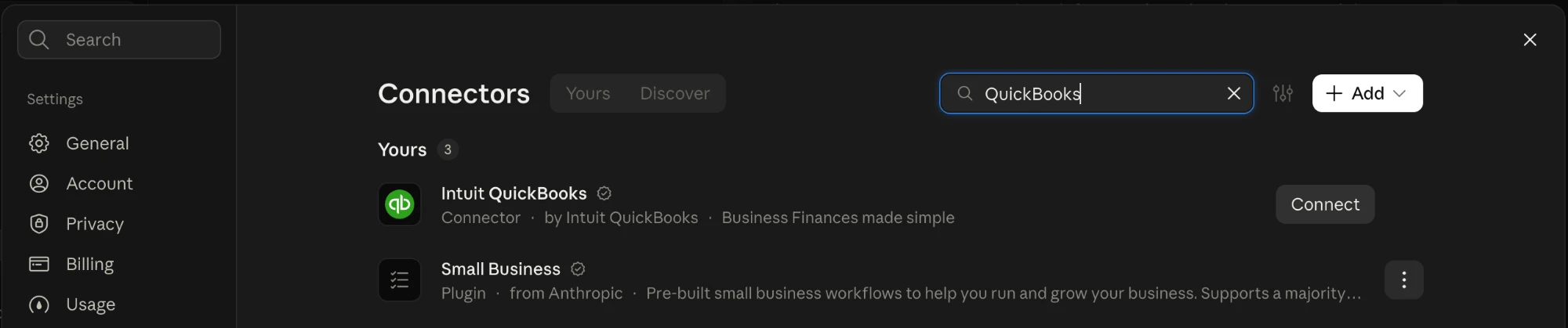 The Claude connectors settings with QuickBooks typed in the search box. The Intuit QuickBooks connector is listed with a Connect button.