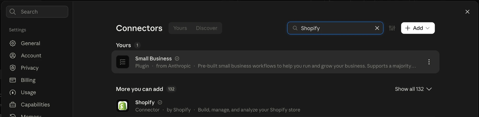 The Claude connectors settings with Shopify typed in the search box. The Shopify connector is listed under More you can add.