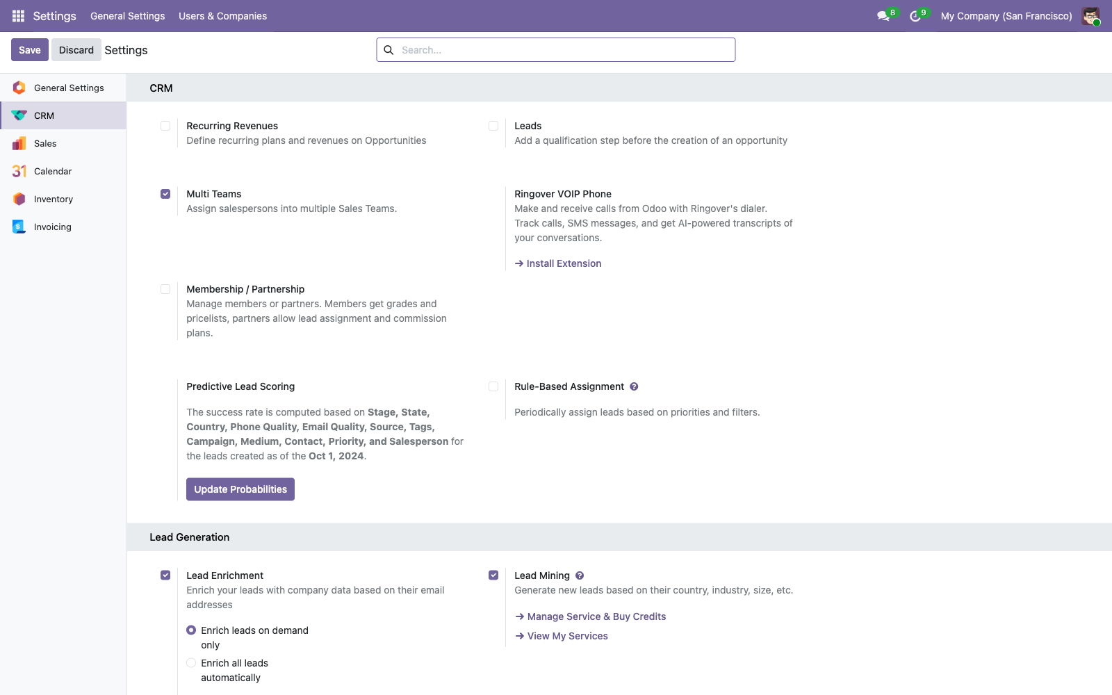 Odoo 19 Community CRM settings, Predictive Lead Scoring section: the fields the success rate is computed from, a start date of 1 October 2024, and an Update Probabilities button.
